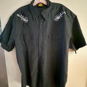 Men's Sun Records Black Short-Sleeve Western Shirt with White Guitar Embroidery